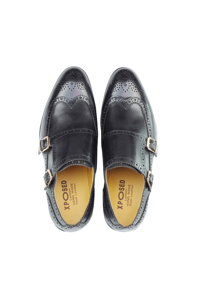 Real Leather Black Brogue Monk Shoes