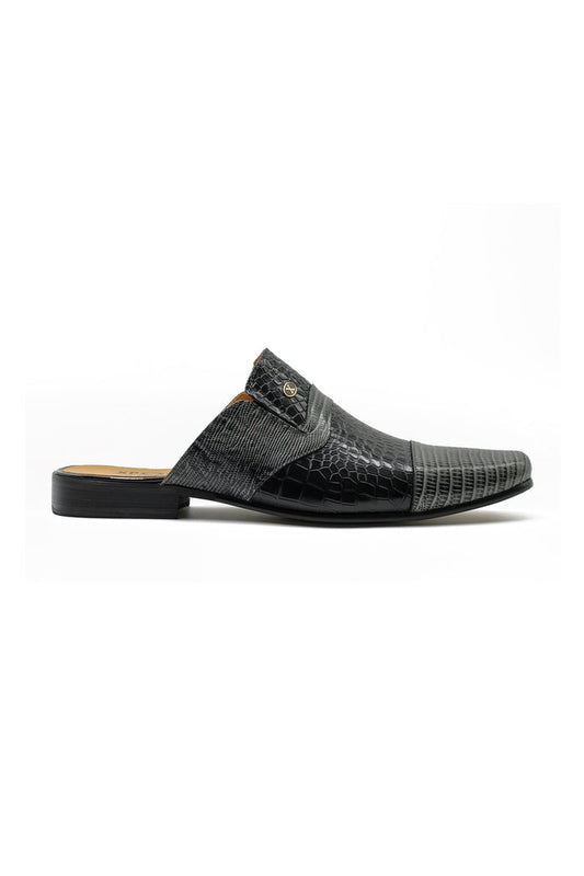 REAL LEATHER BLACK GREY PRINTED HALF SHOE
