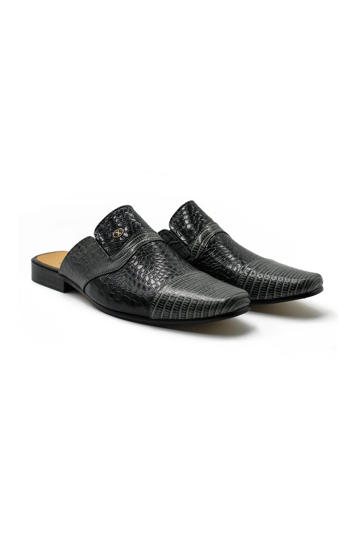 REAL LEATHER BLACK GREY PRINTED HALF SHOE