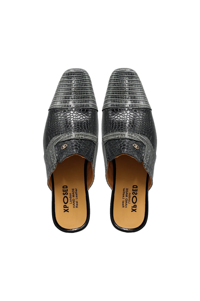 REAL LEATHER BLACK GREY PRINTED HALF SHOE
