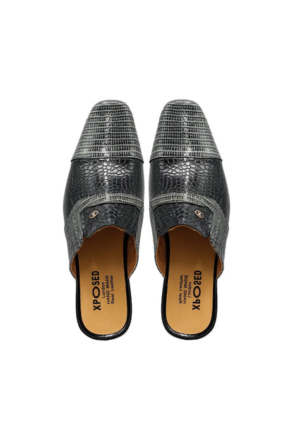 REAL LEATHER BLACK GREY PRINTED HALF SHOE
