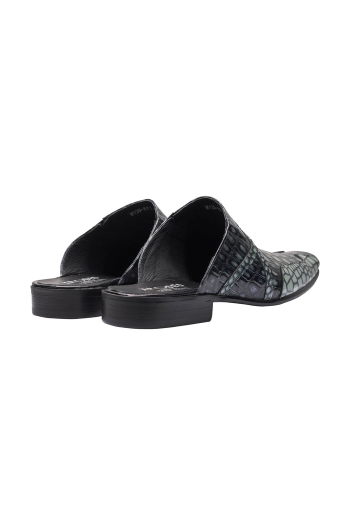 REAL LEATHER BLACK GREY SHINY PRINTED HALF SHOES