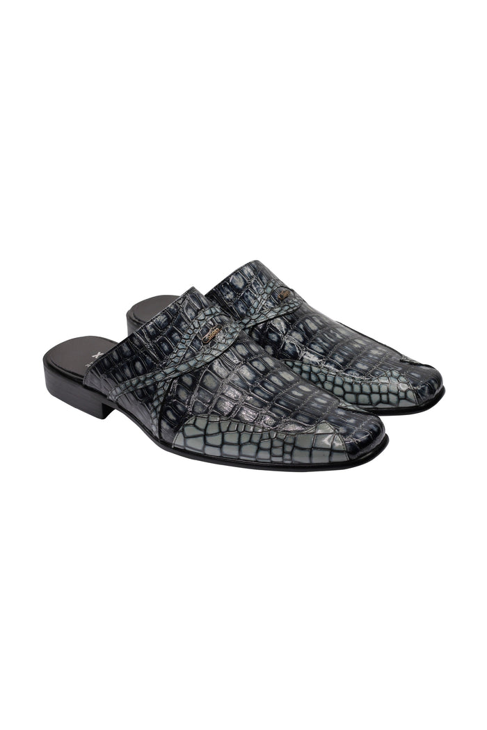 REAL LEATHER BLACK GREY SHINY PRINTED HALF SHOES