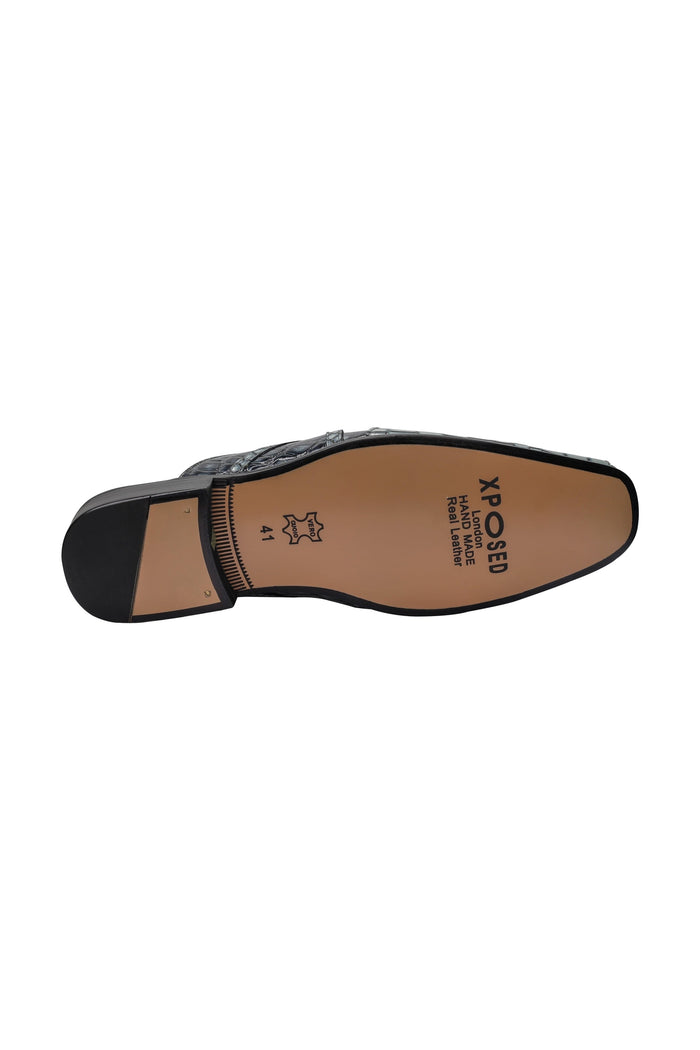 REAL LEATHER BLACK GREY SHINY PRINTED HALF SHOES