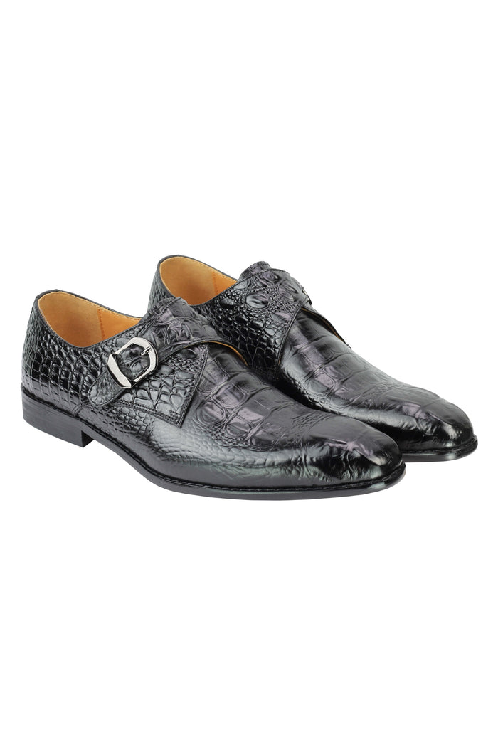 Real Leather Black Print Monk Loafers