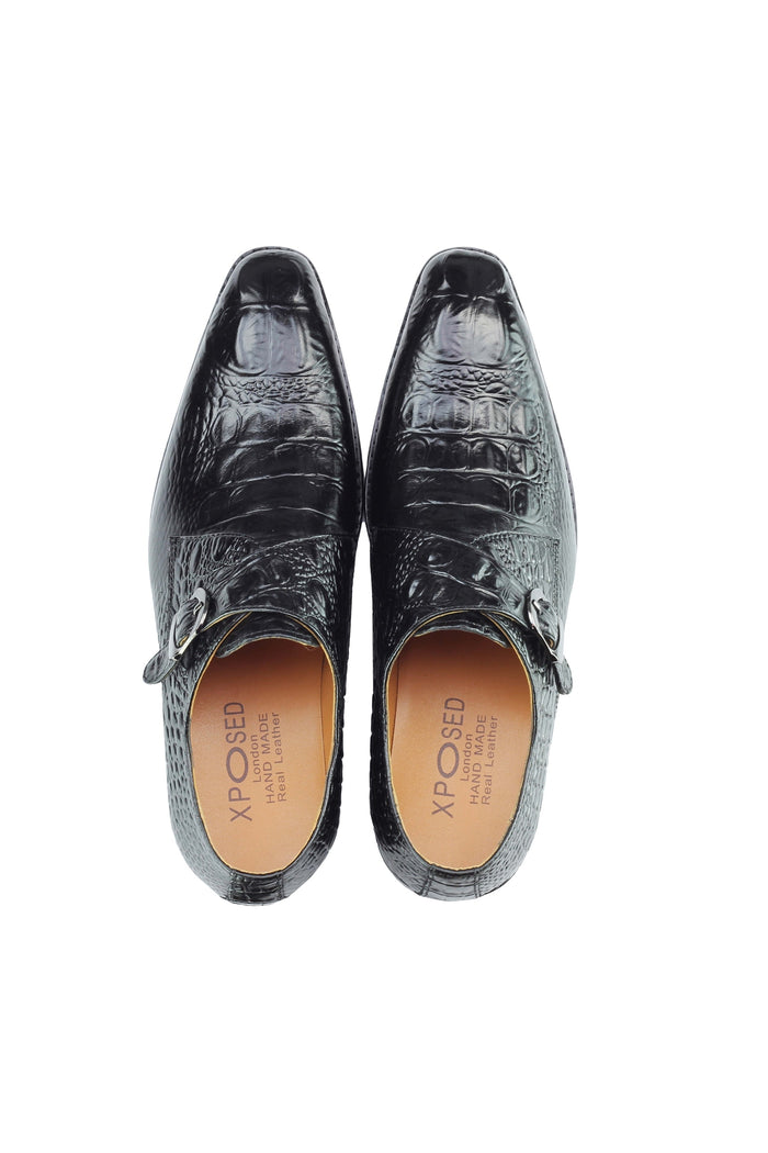 Real Leather Black Print Monk Loafers