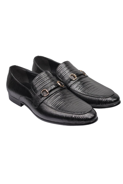 REAL LEATHER BLACK PRINTED SHOES WITH BUCKLE