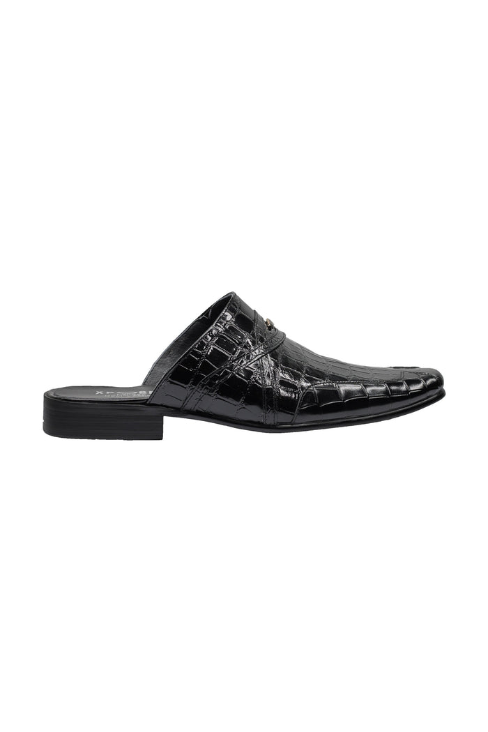 REAL LEATHER BLACK SHINY PRINTED HALF SHOES