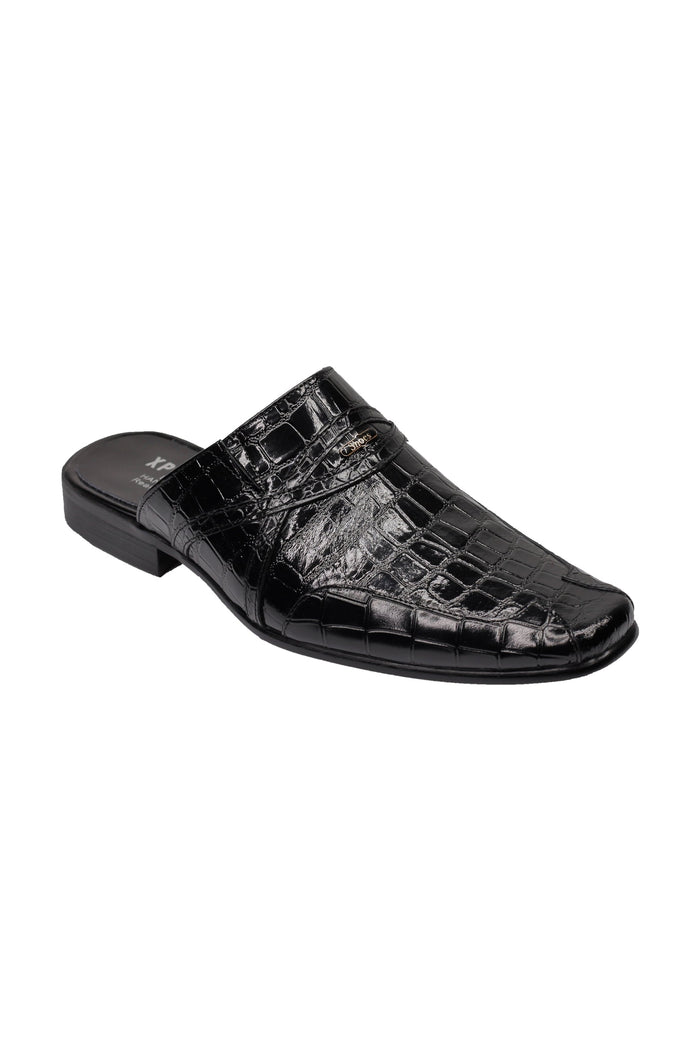 REAL LEATHER BLACK SHINY PRINTED HALF SHOES