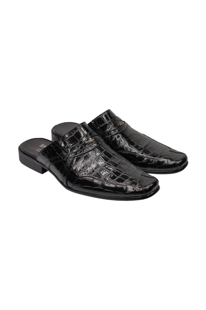 REAL LEATHER BLACK SHINY PRINTED HALF SHOES