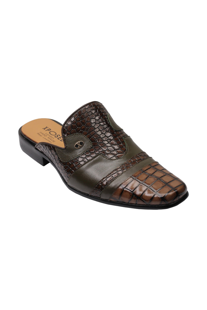 REAL LEATHER BROWN PRINTED HALF SHOE IN GREEN