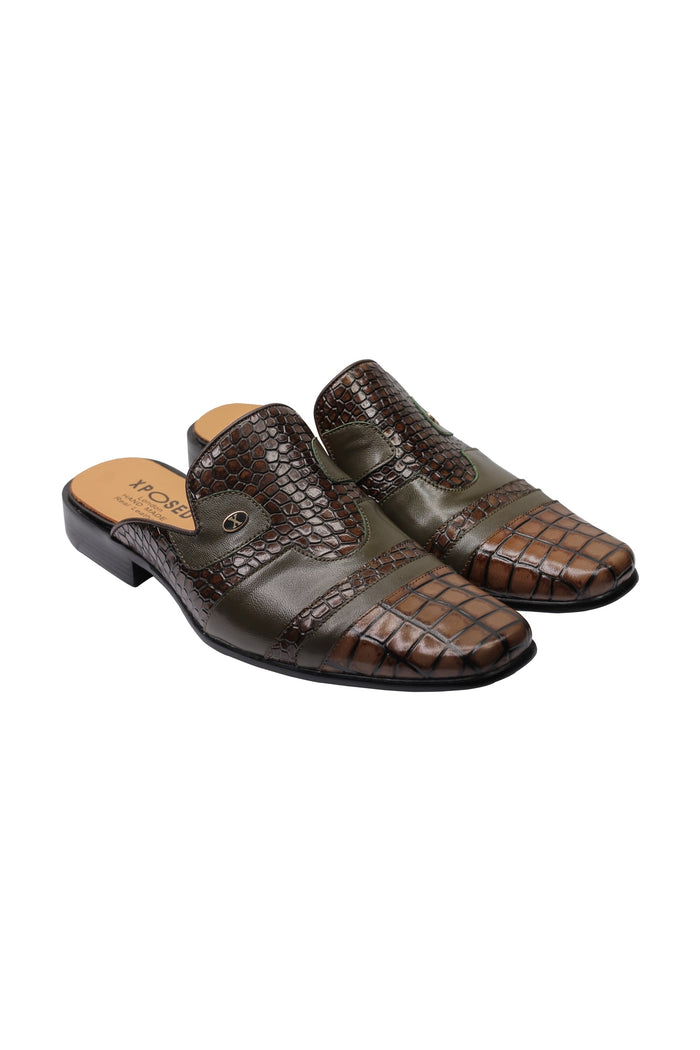 REAL LEATHER BROWN PRINTED HALF SHOE IN GREEN
