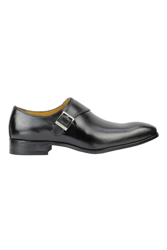Real Leather Buckle Strap Slip Loafers Black