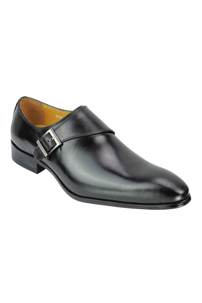 Real Leather Buckle Strap Slip Loafers Black
