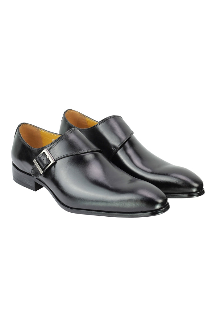Real Leather Buckle Strap Slip Loafers Black