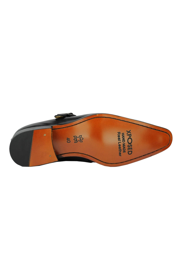 Real Leather Buckle Strap Slip Loafers Black