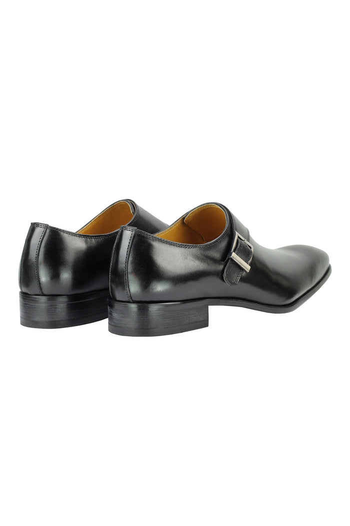 Real Leather Buckle Strap Slip Loafers Black