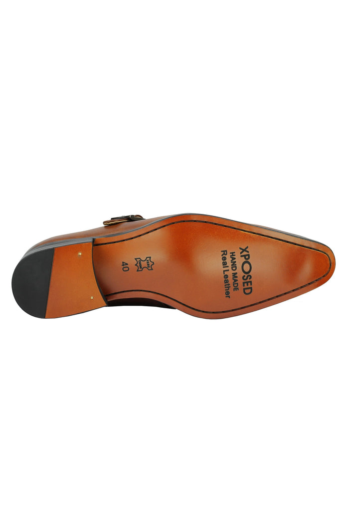 Real Leather Buckle Strap Slip Loafers Brown