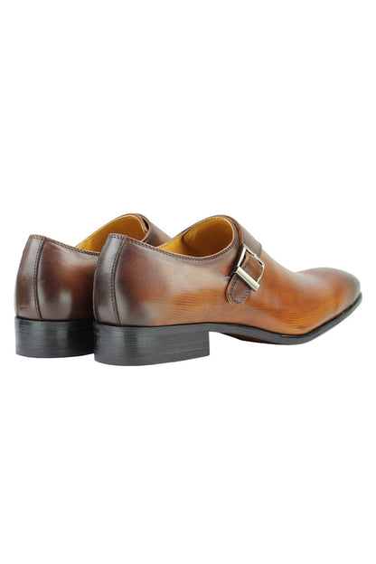 Real Leather Buckle Strap Slip Loafers Brown