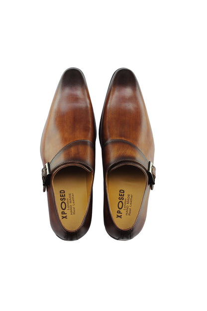 Real Leather Buckle Strap Slip Loafers Brown