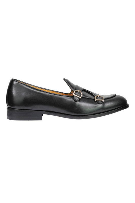 Real Leather Double Monk Loafers Black