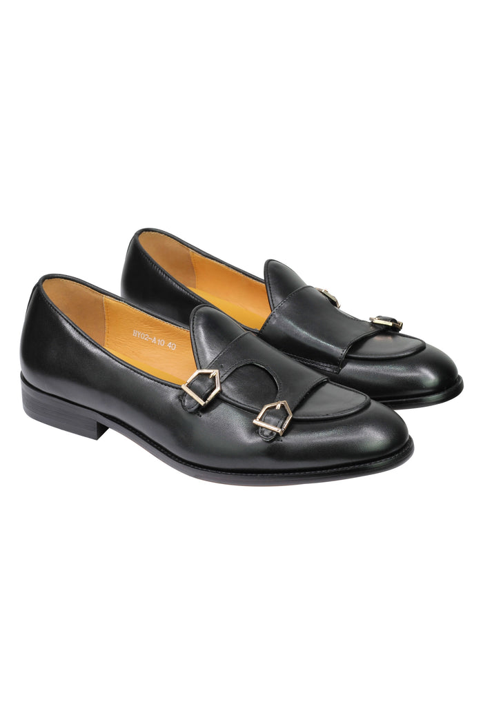 Real Leather Double Monk Loafers Black