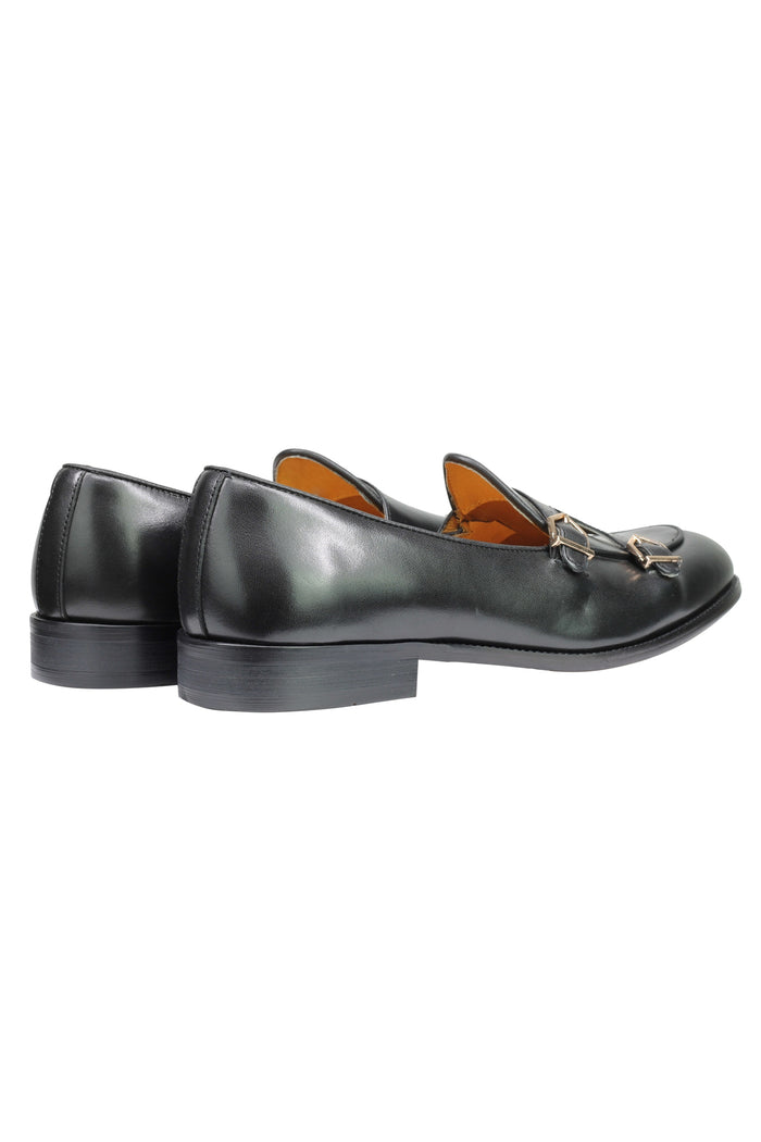 Real Leather Double Monk Loafers Black