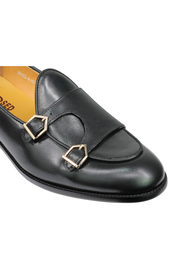 Real Leather Double Monk Loafers Black