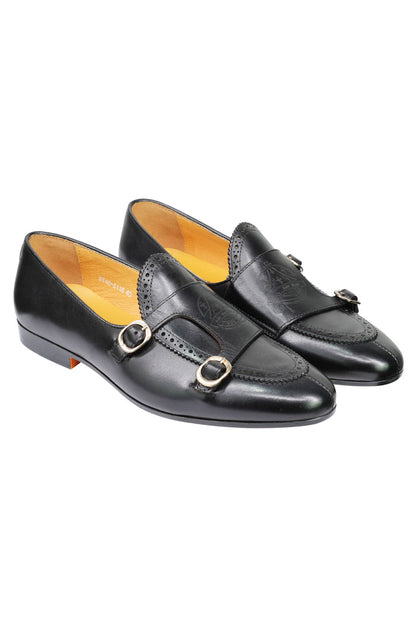 Real Leather Double Monk Shoes Black