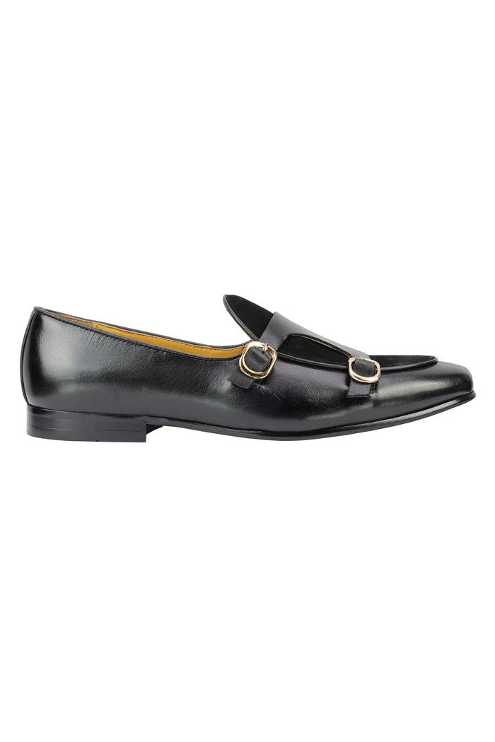 Real Leather Double Monk Strap Black Loafers