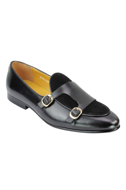 Real Leather Double Monk Strap Black Loafers