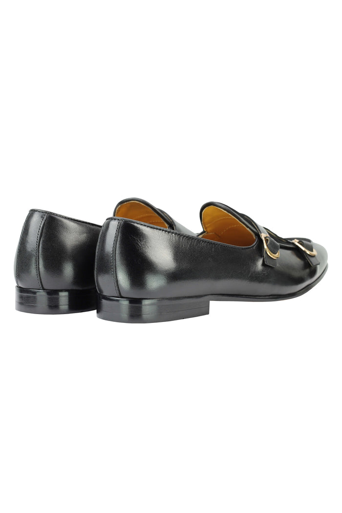Real Leather Double Monk Strap Black Loafers