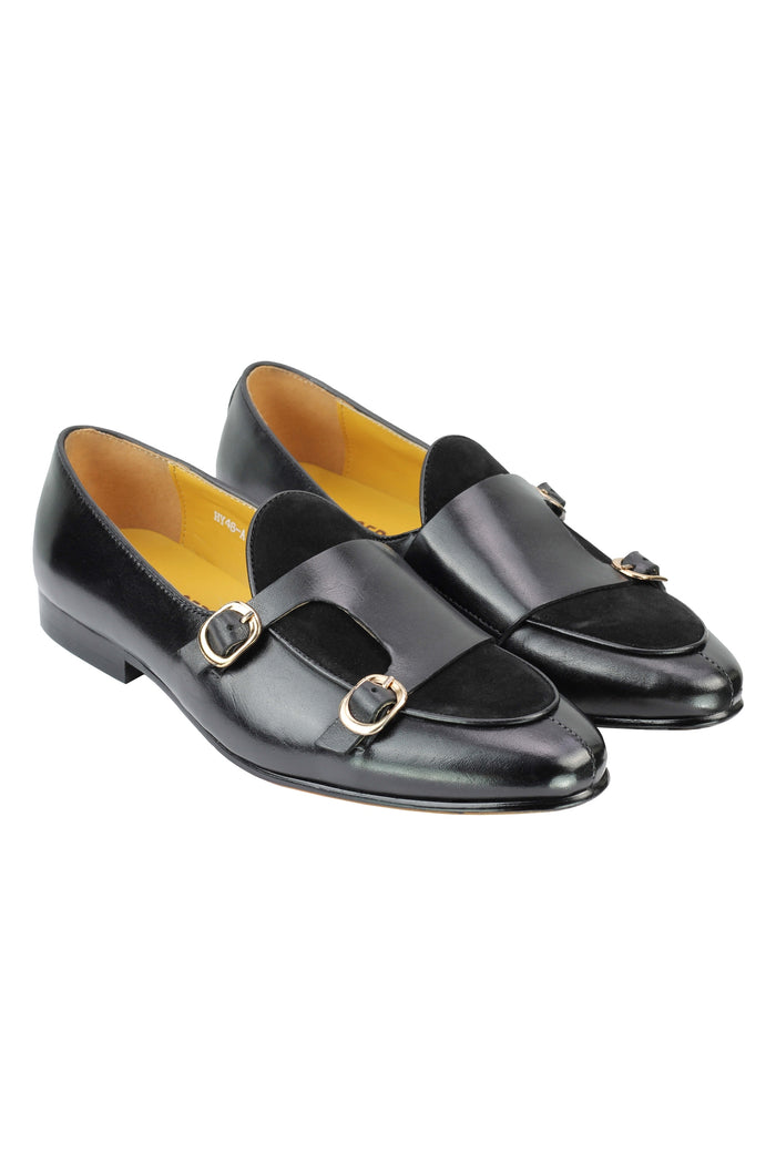 Real Leather Double Monk Strap Black Loafers