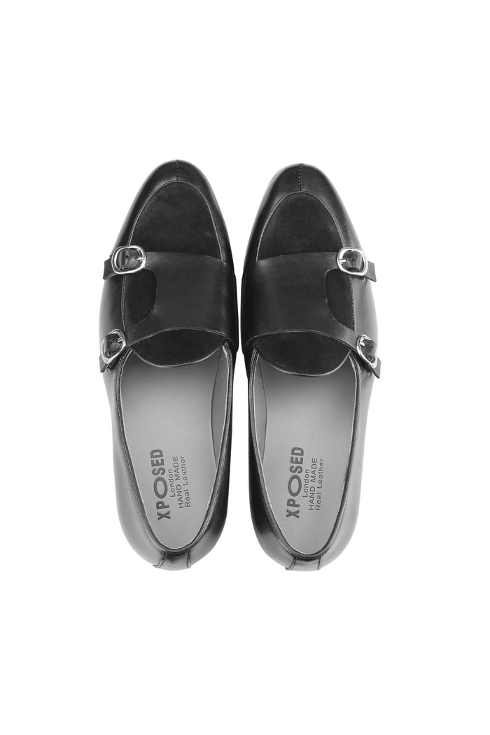 Real Leather Double Monk Strap Black Loafers