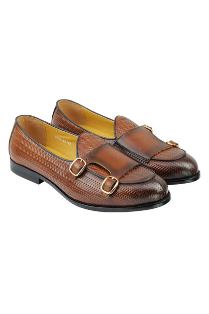 Real Leather Double Monk Strap Brown Loafer