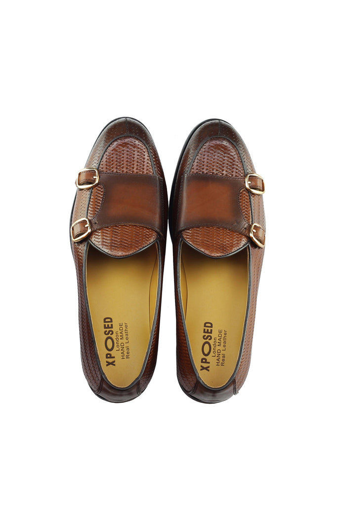Real Leather Double Monk Strap Brown Loafer