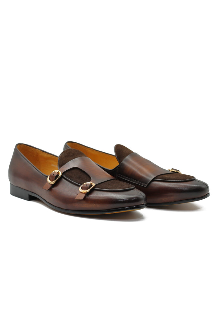 Real Leather Double Monk Strap Brown Loafers