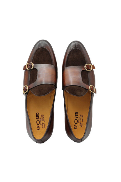 Real Leather Double Monk Strap Brown Loafers