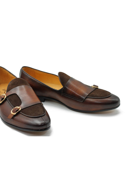 Real Leather Double Monk Strap Brown Loafers