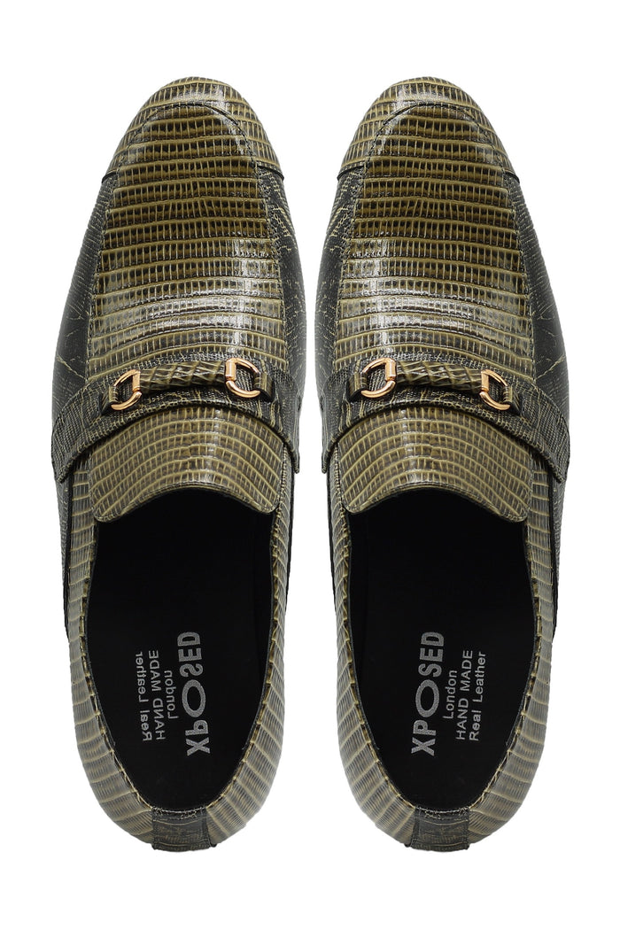 REAL LEATHER GREEN PRINTED SHOES WITH BUCKLE