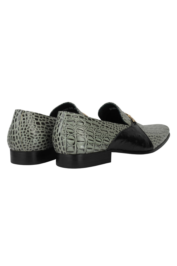 Real Leather Grey Croc Effect Gold Buckle Shoes