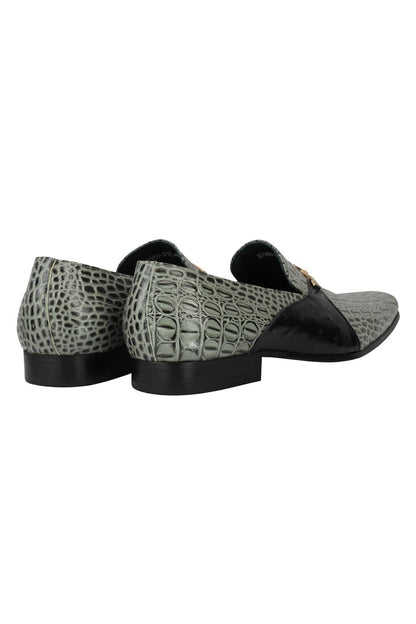 Real Leather Grey Croc Effect Gold Buckle Shoes