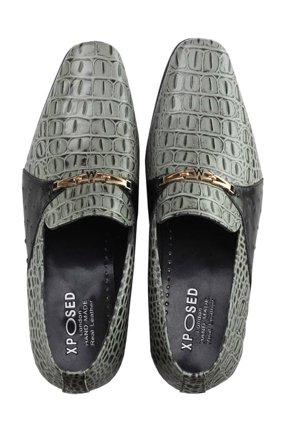 Real Leather Grey Croc Effect Gold Buckle Shoes