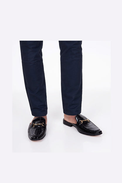 REAL LEATHER SHINY PRINTED HALF SHOES IN BLACK