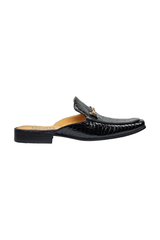 REAL LEATHER SHINY PRINTED HALF SHOES IN BLACK