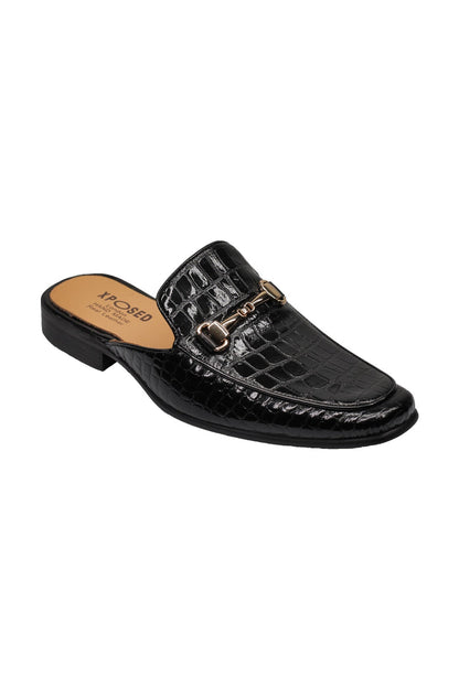REAL LEATHER SHINY PRINTED HALF SHOES IN BLACK