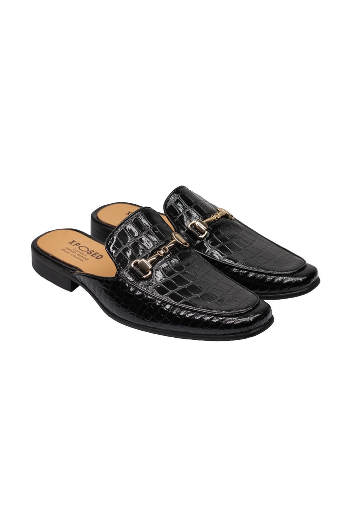 REAL LEATHER SHINY PRINTED HALF SHOES IN BLACK