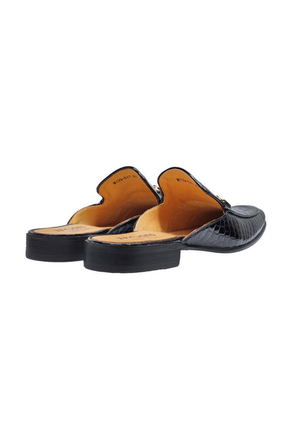 REAL LEATHER SHINY PRINTED HALF SHOES IN BLACK