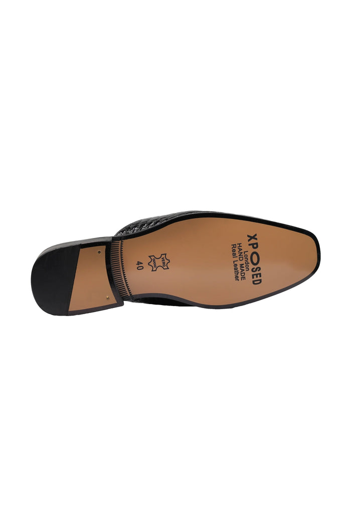 REAL LEATHER SHINY PRINTED HALF SHOES IN BLACK