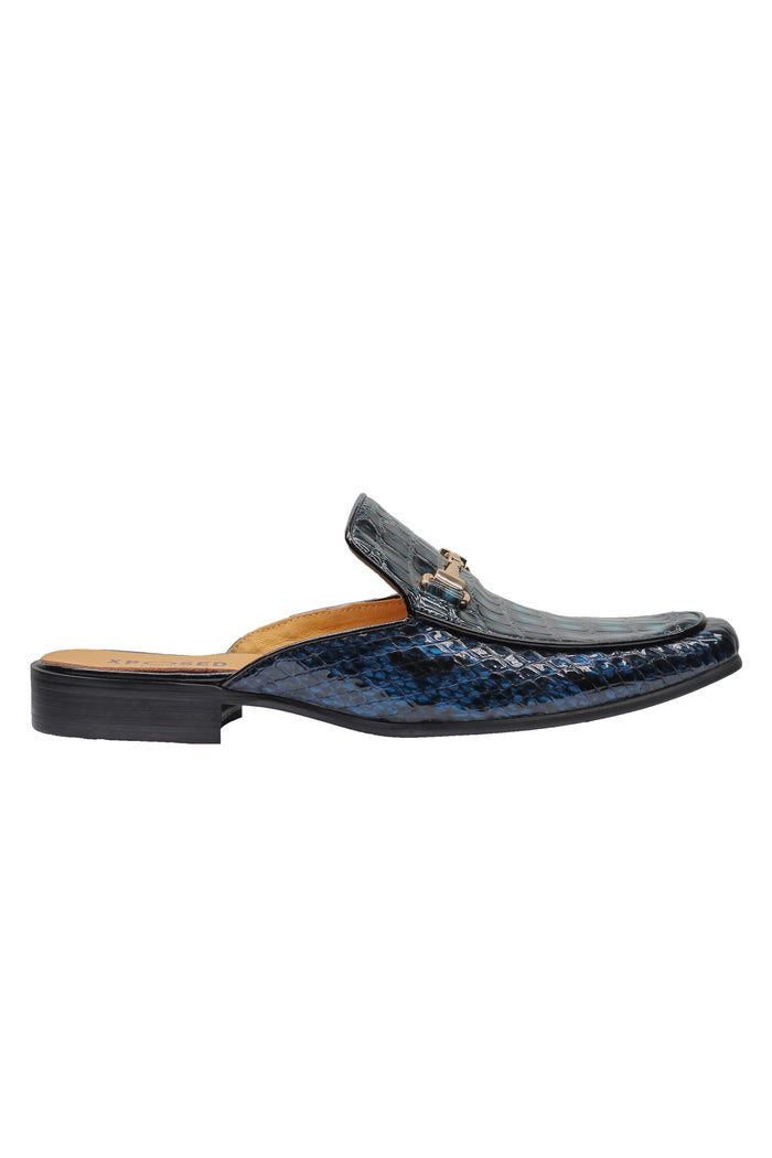 REAL LEATHER SHINY PRINTED HALF SHOES IN BLUE